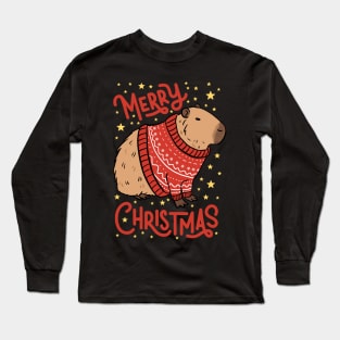 Merry Christmas a cute capybara wearing an ugly Christmas sweater Long Sleeve T-Shirt